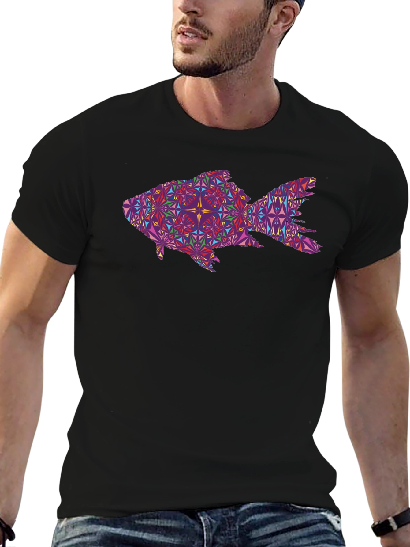Geometric Fish Graphic Black T-Shirt