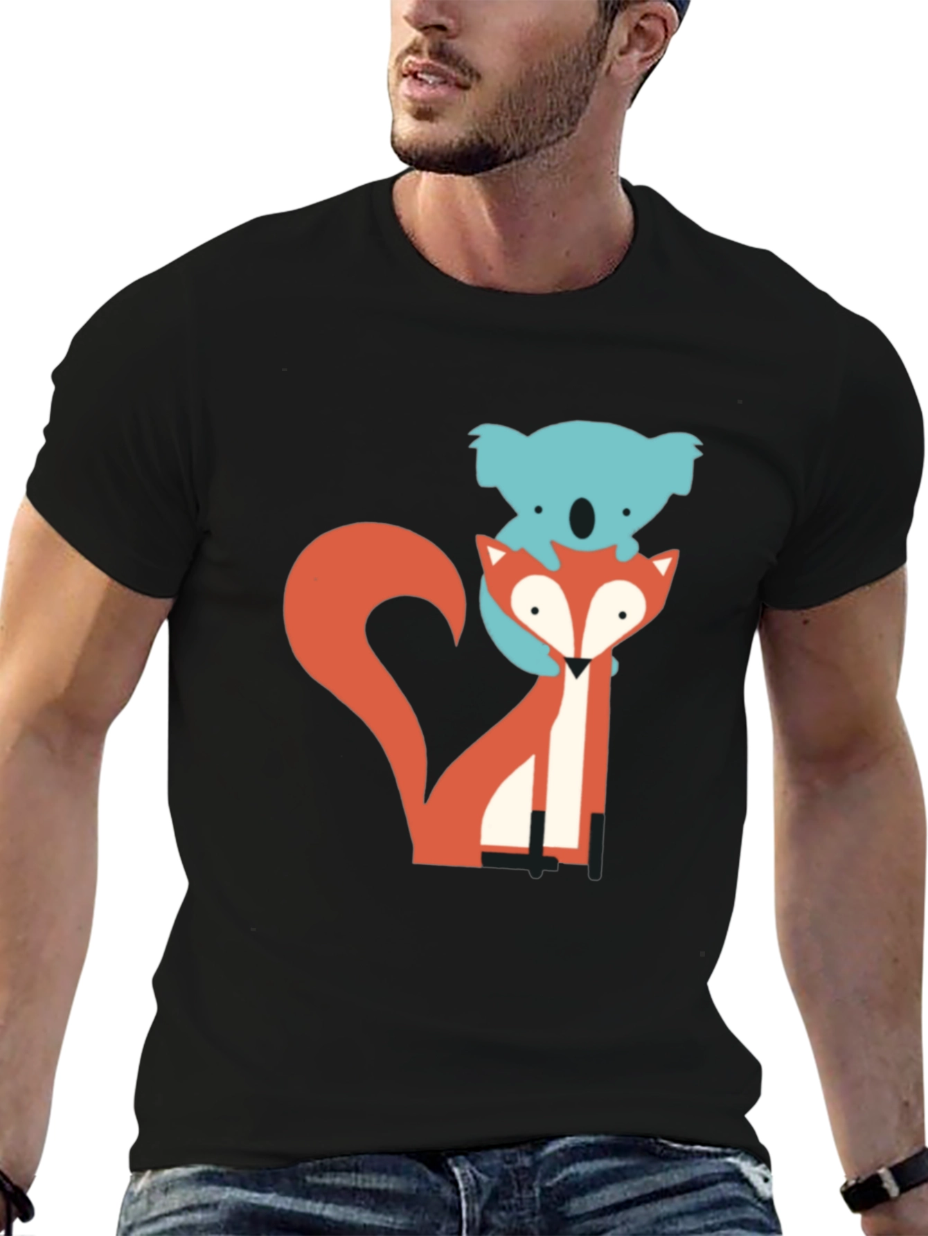 Koala Riding Fox Graphic Tee - Black Cotton T-Shirt
