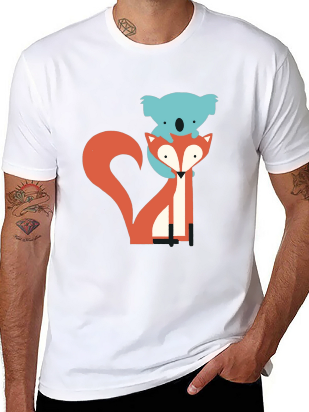 Koala Riding Fox Graphic Tee - Black Cotton T-Shirt