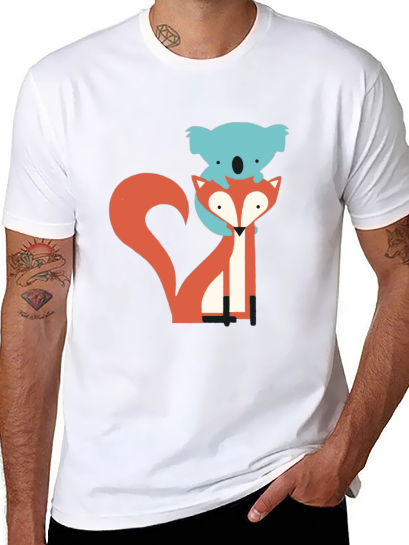Koala Riding Fox Graphic Tee - Black Cotton T-Shirt