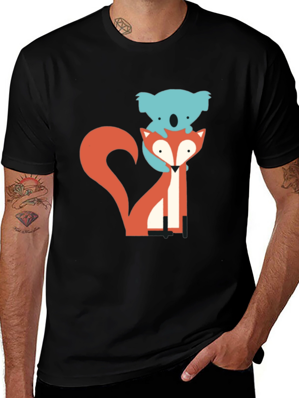 Koala Riding Fox Graphic Tee - Black Cotton T-Shirt