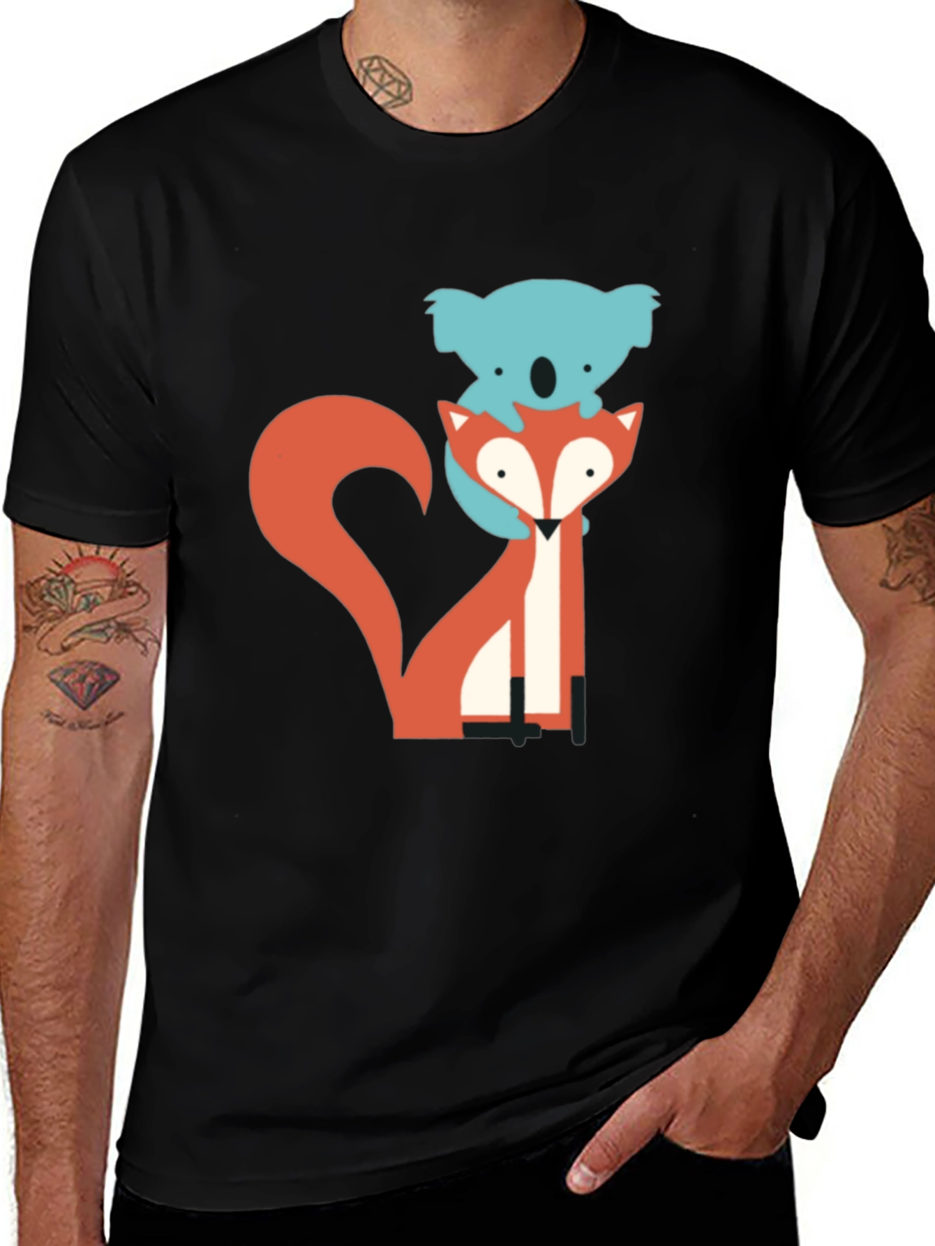 Koala Riding Fox Graphic Tee - Black Cotton T-Shirt