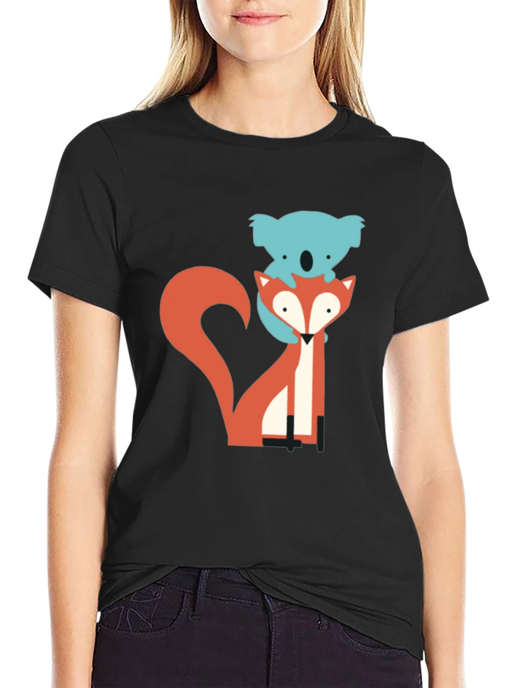 Koala Riding Fox Graphic Tee - Black Cotton T-Shirt