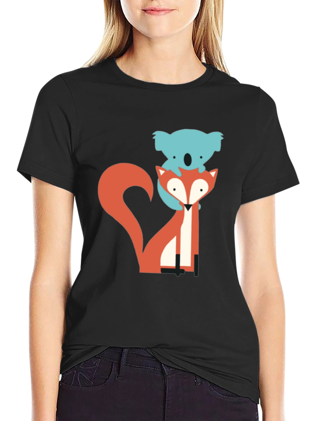 Koala Riding Fox Graphic Tee - Black Cotton T-Shirt