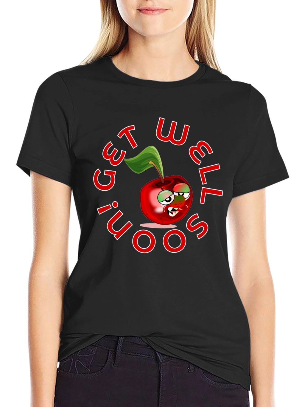 Get Well Soon! Cartoon Cherry T-Shirt - Black