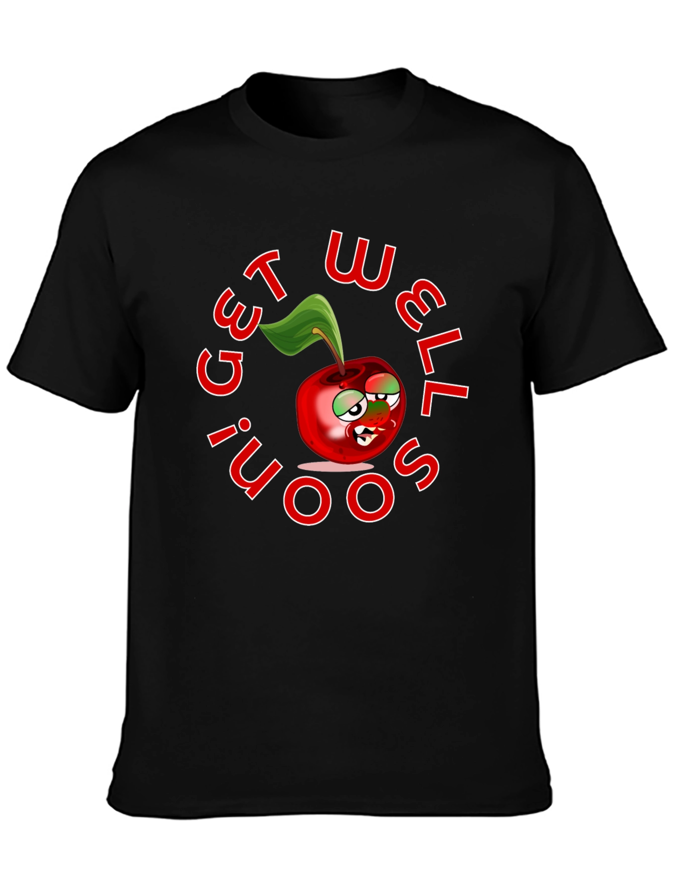 Get Well Soon! Cartoon Cherry T-Shirt - Black