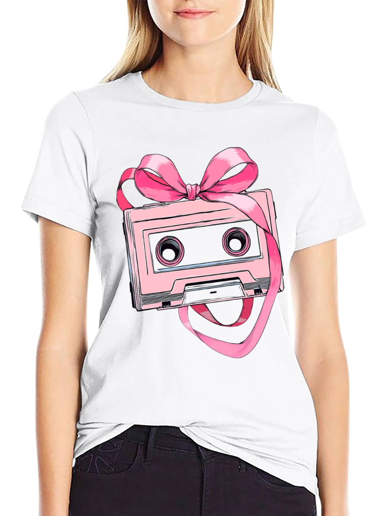 Retro Cassette Tape Pink Bow T-Shirt