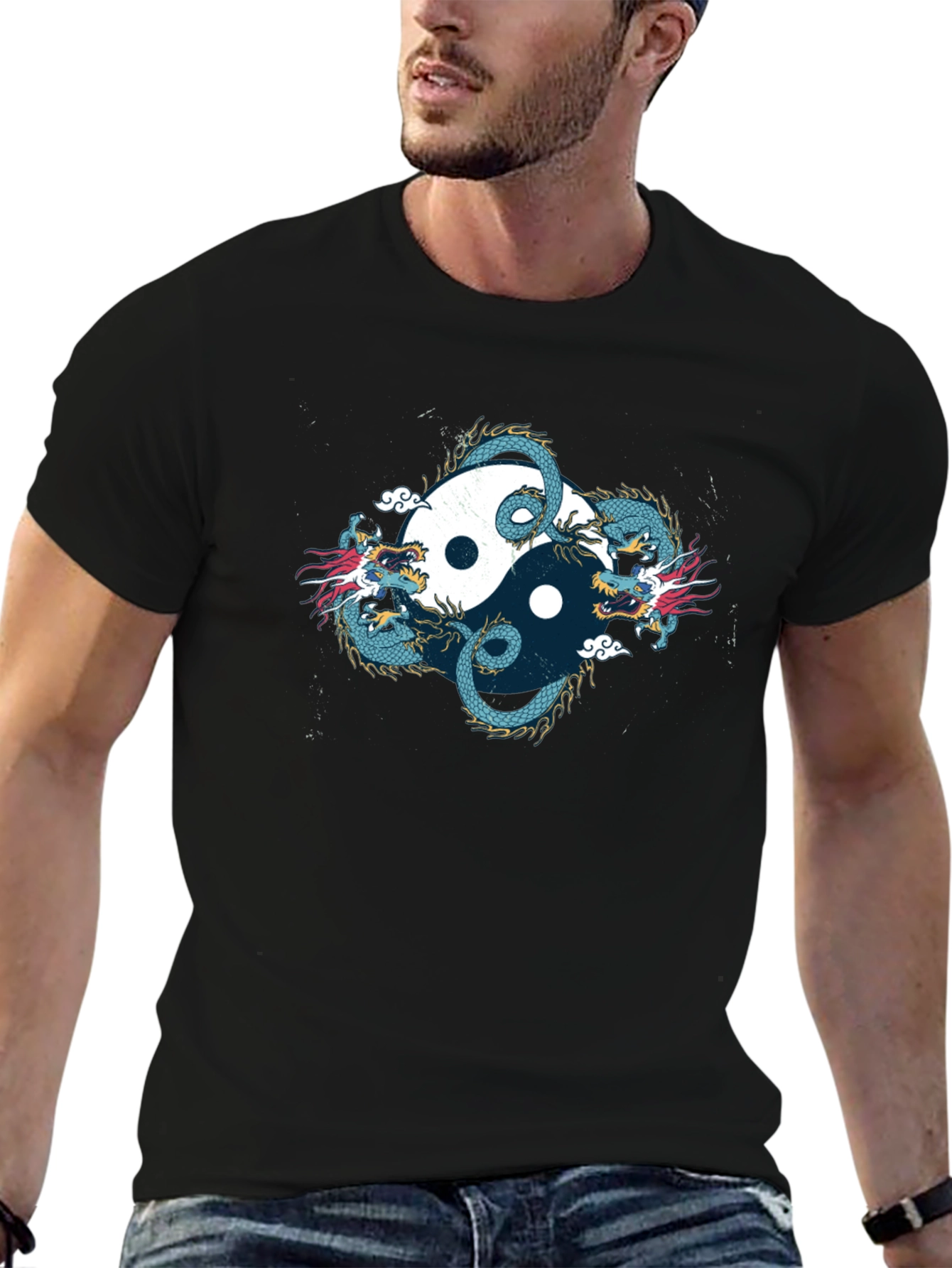 Yin Yang Dragon Graphic Black T-Shirt