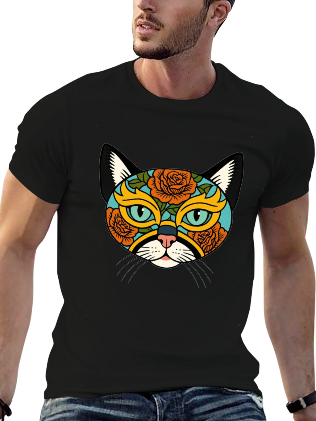 Sugar Skull Cat Graphic Tee - Black
