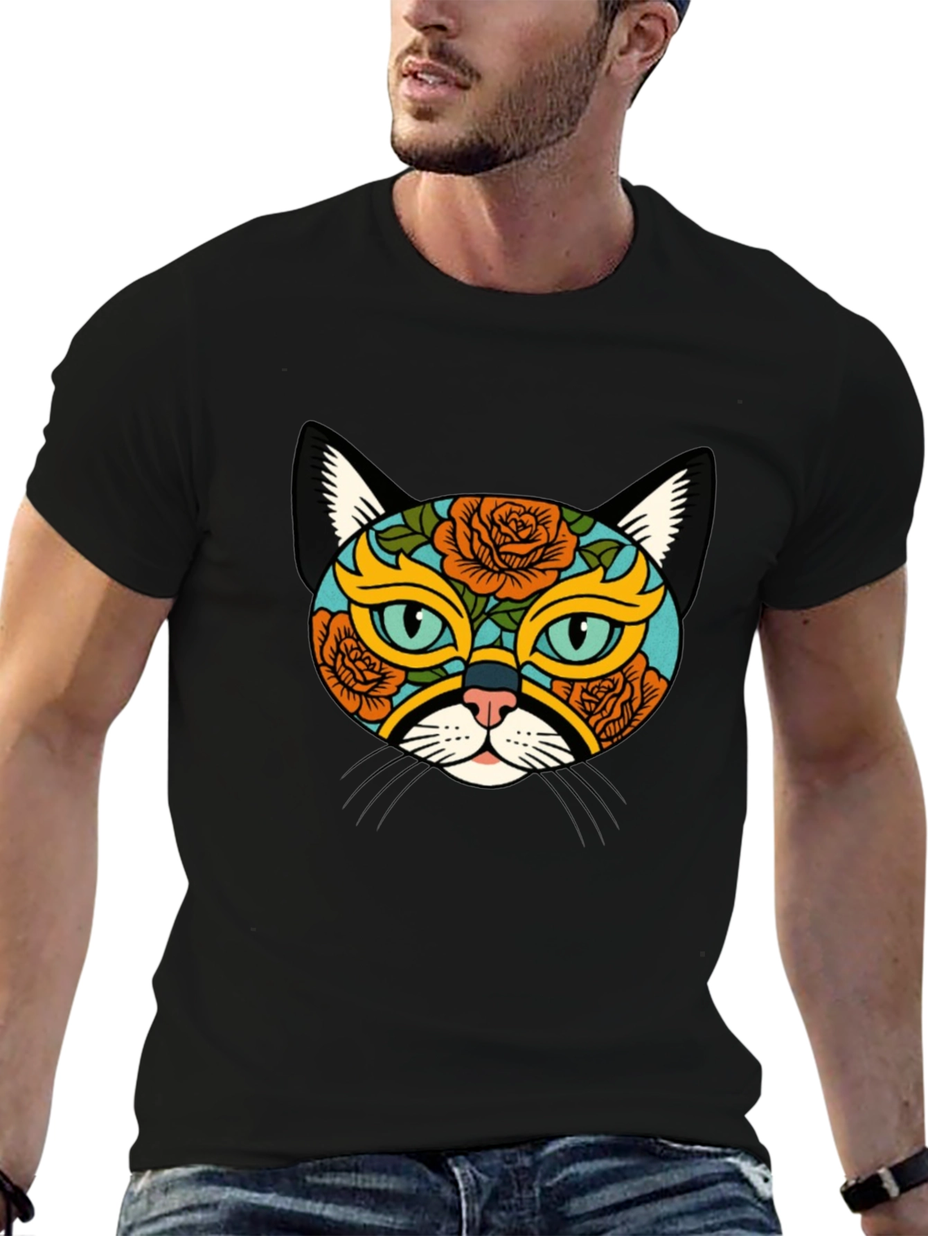 Sugar Skull Cat Graphic Tee - Black