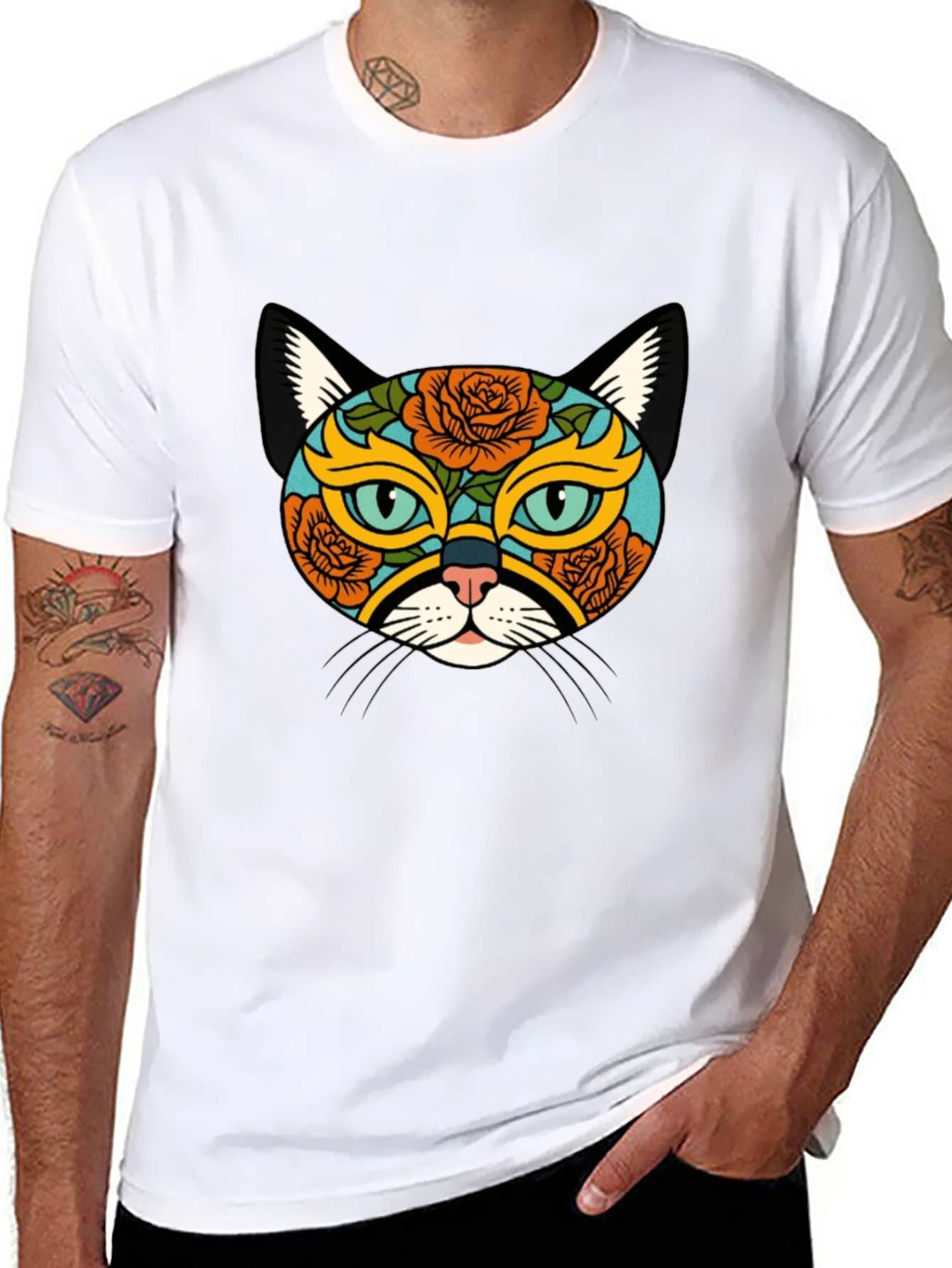Sugar Skull Cat Graphic Tee - Black