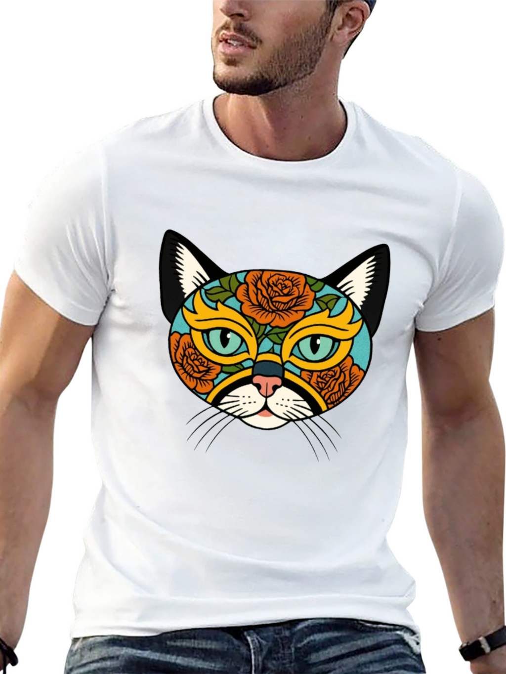 Sugar Skull Cat Graphic Tee - Black