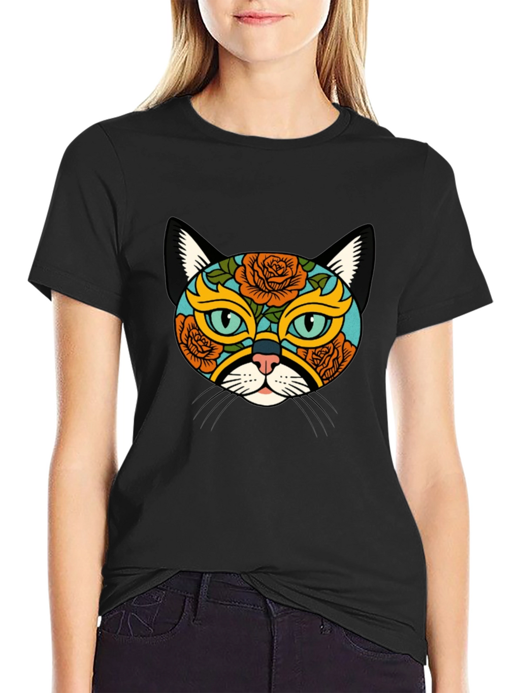 Sugar Skull Cat Graphic Tee - Black