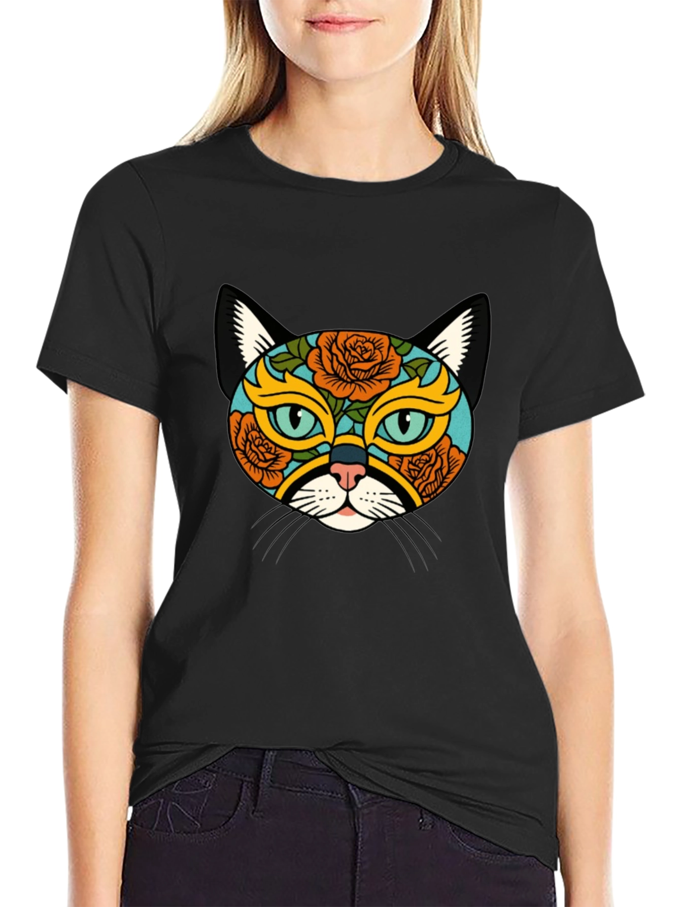 Sugar Skull Cat Graphic Tee - Black