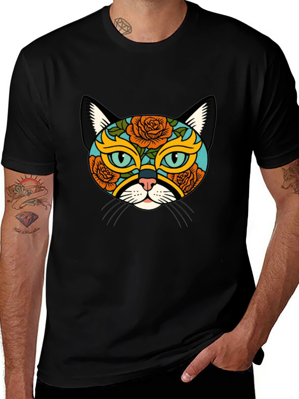 Sugar Skull Cat Graphic Tee - Black