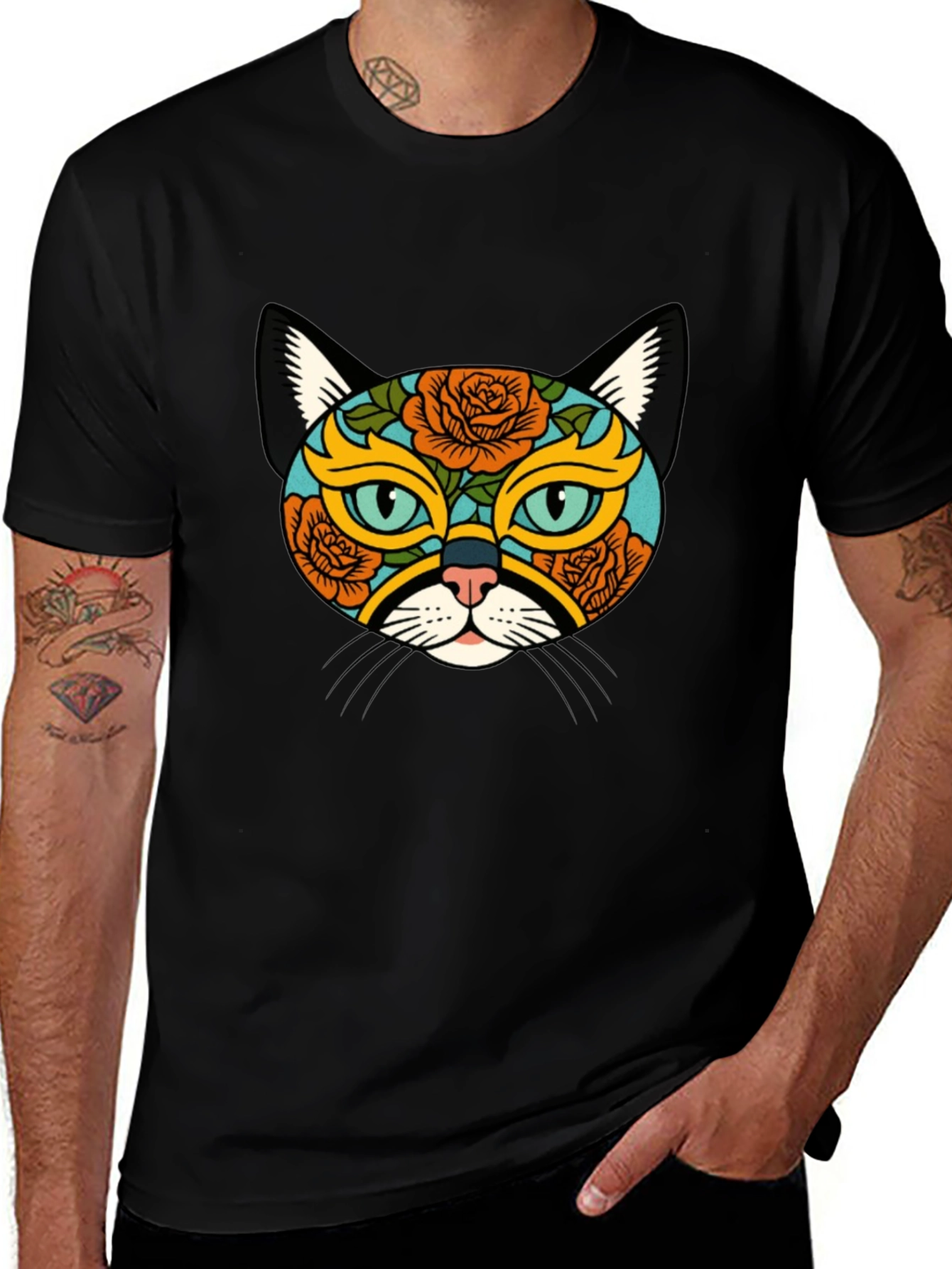 Sugar Skull Cat Graphic Tee - Black