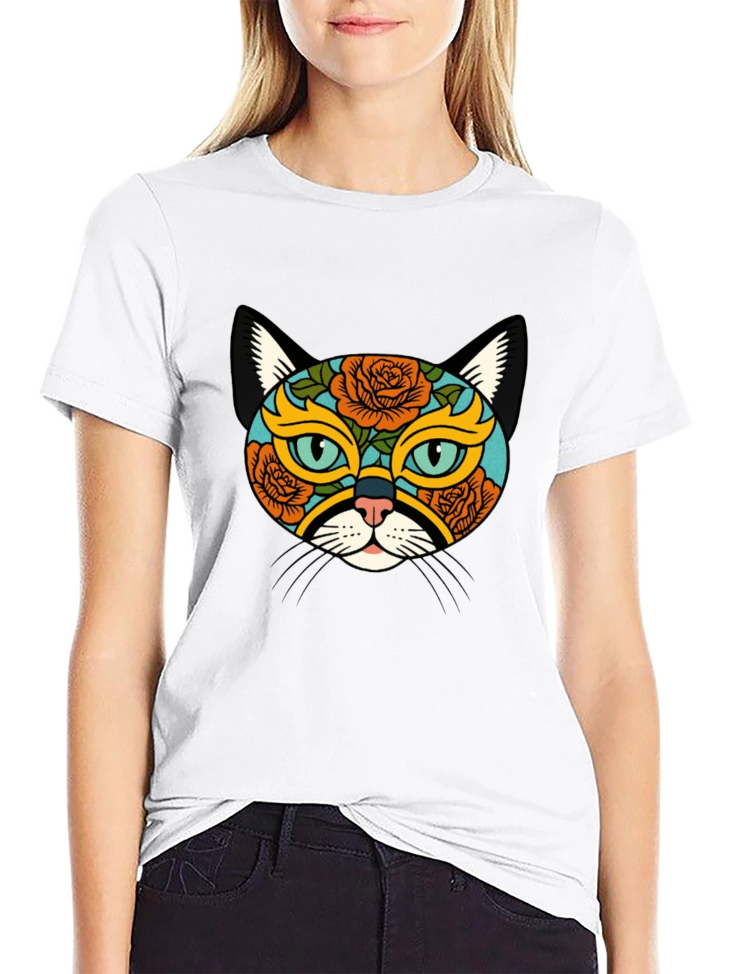Sugar Skull Cat Graphic Tee - Black