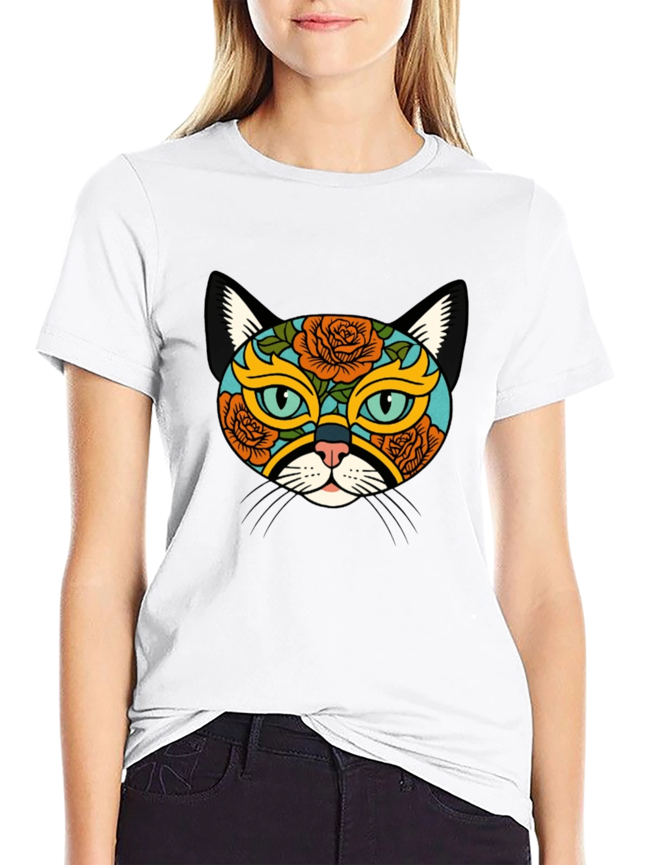 Sugar Skull Cat Graphic Tee - Black