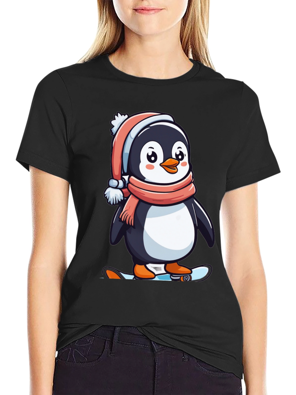 Penguin Skateboarder Black T-Shirt