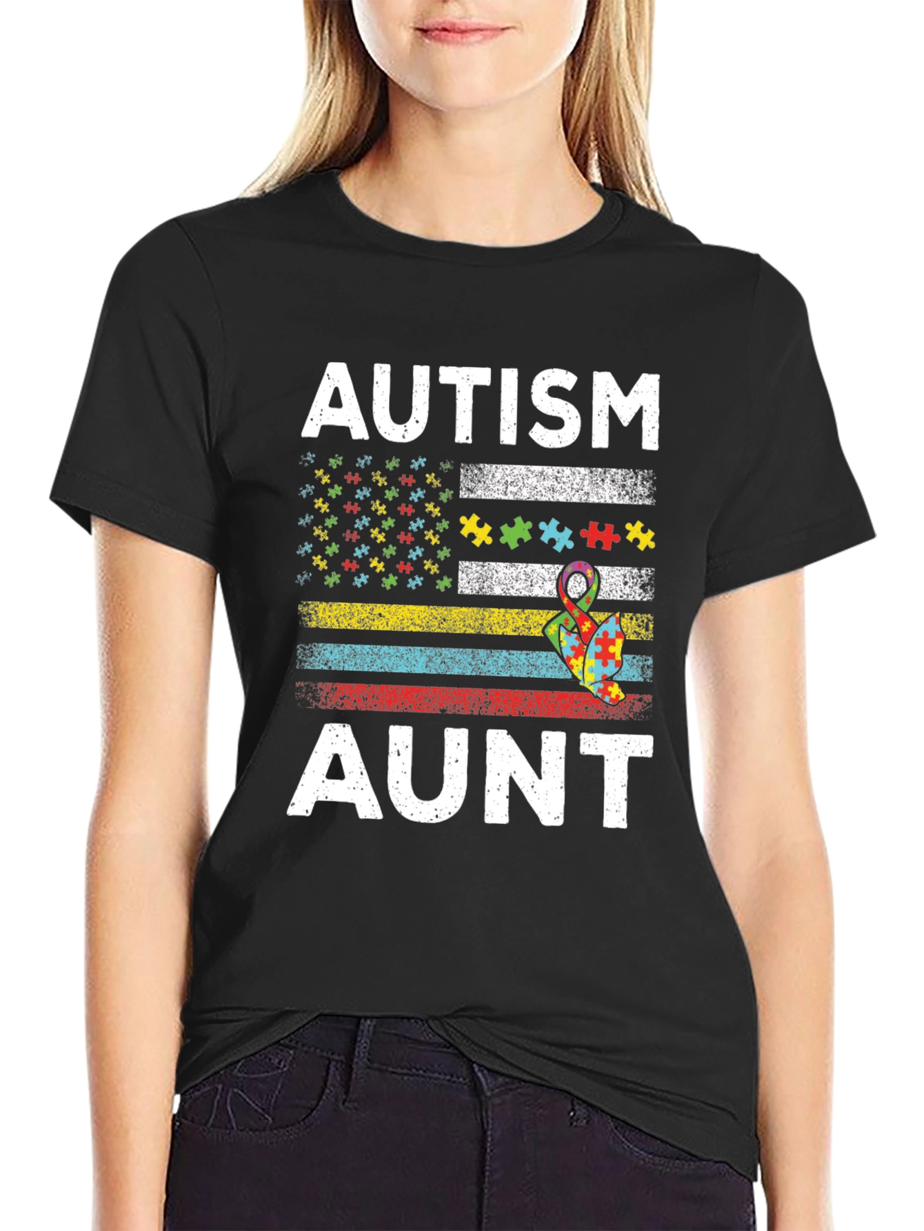 Autism Aunt Awareness Tee - Puzzle Flag Design