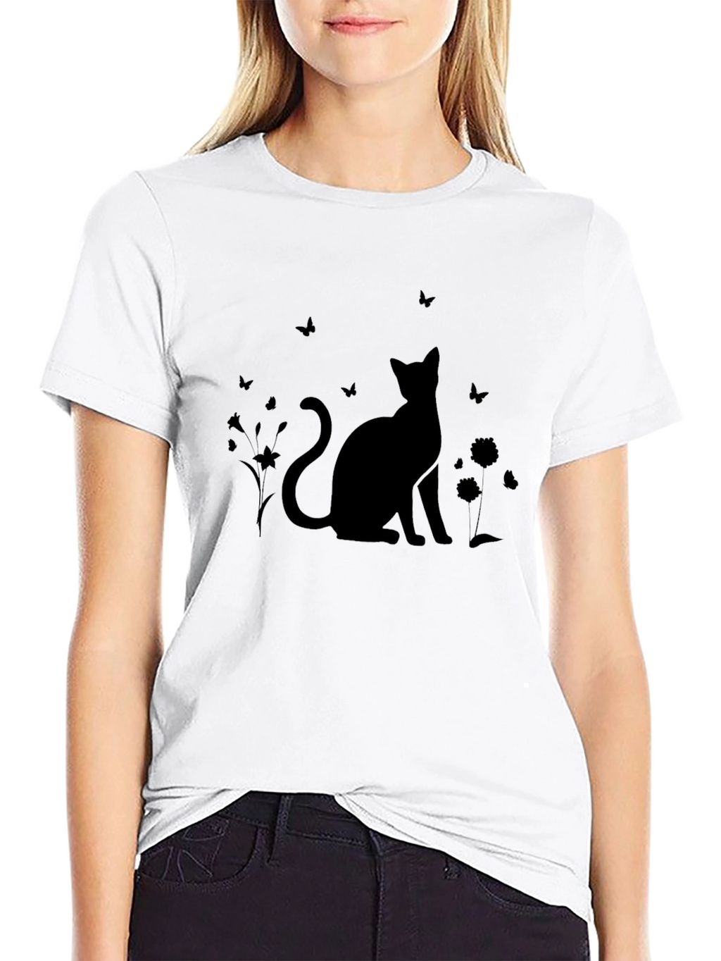 Silhouette Cat & Butterfly Black T-Shirt
