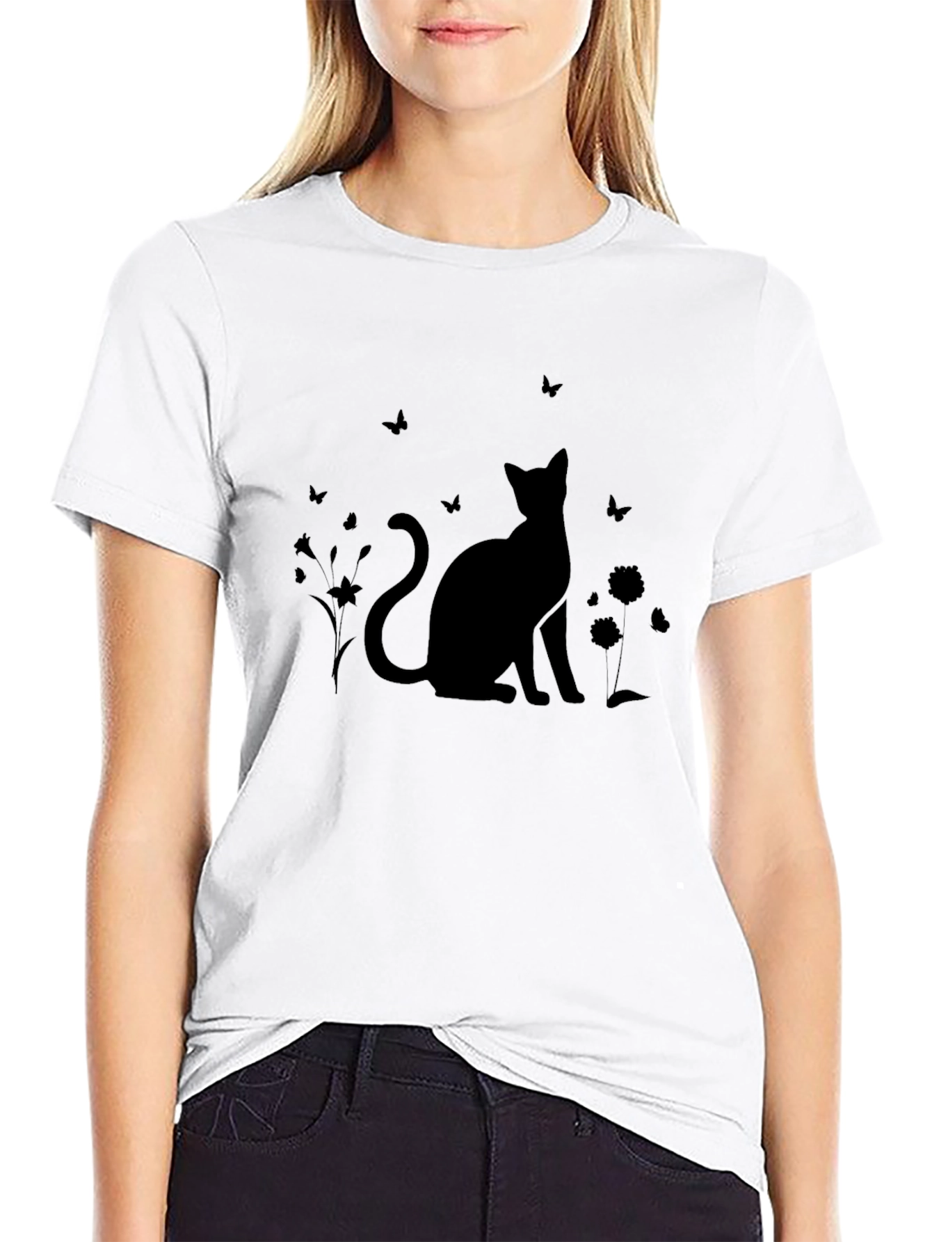 Silhouette Cat & Butterfly Black T-Shirt