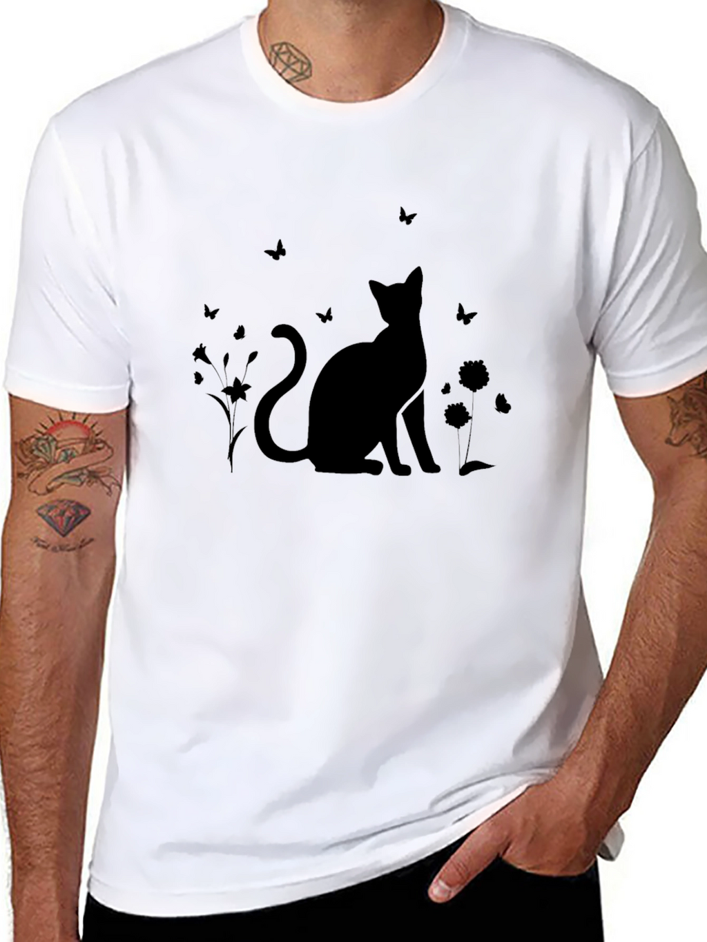 Silhouette Cat & Butterfly Black T-Shirt