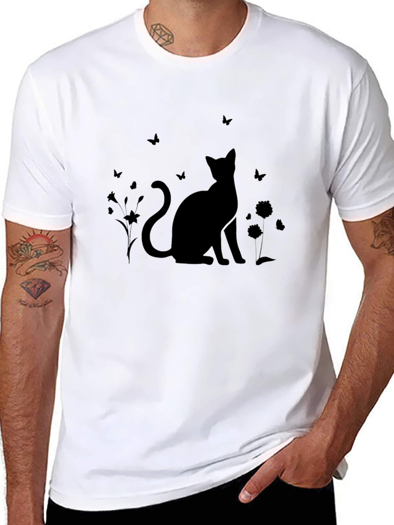 Silhouette Cat & Butterfly Black T-Shirt