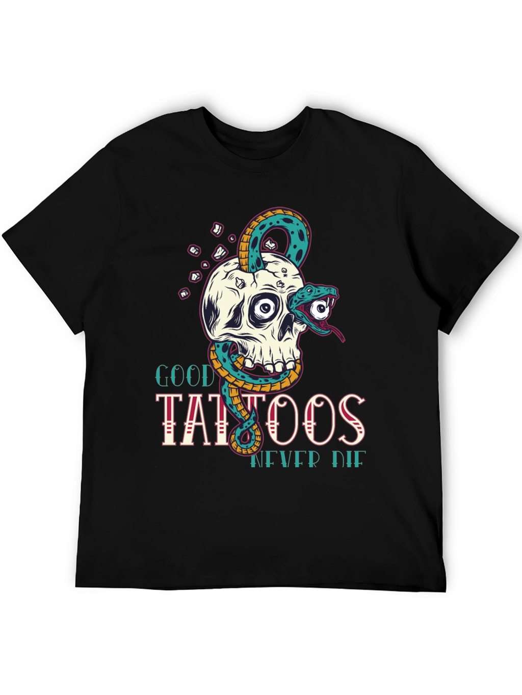 Skull Snake Tattoo Graphic Tee - Mens Black T-Shirt