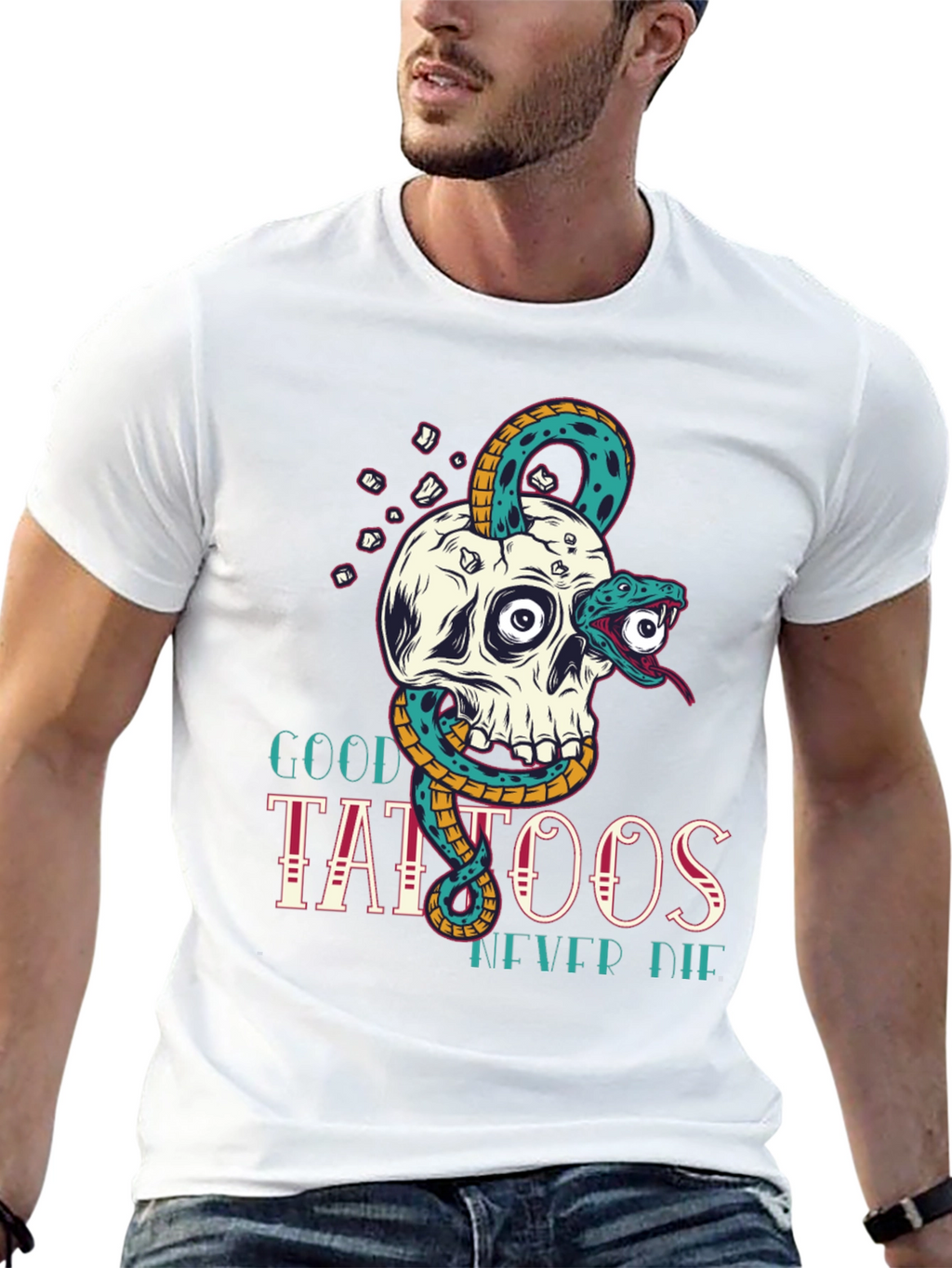 Skull Snake Tattoo Graphic Tee - Mens Black T-Shirt