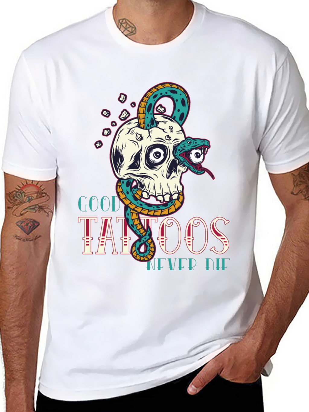 Skull Snake Tattoo Graphic Tee - Mens Black T-Shirt
