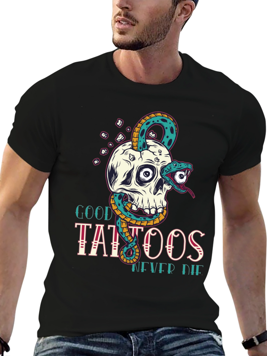 Skull Snake Tattoo Graphic Tee - Mens Black T-Shirt