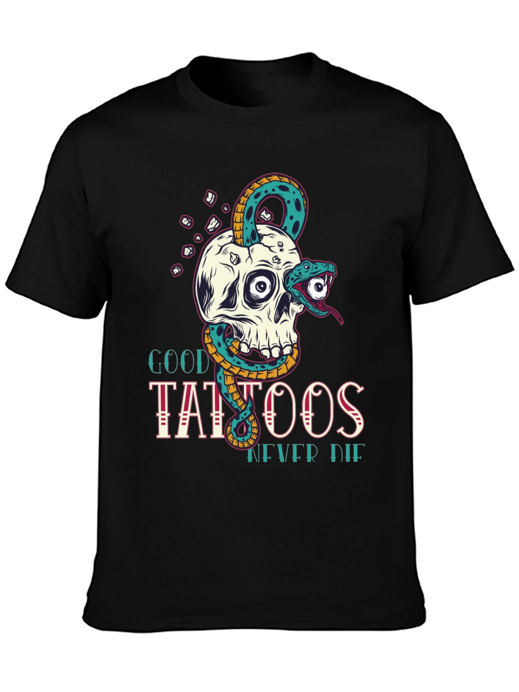 Skull Snake Tattoo Graphic Tee - Mens Black T-Shirt