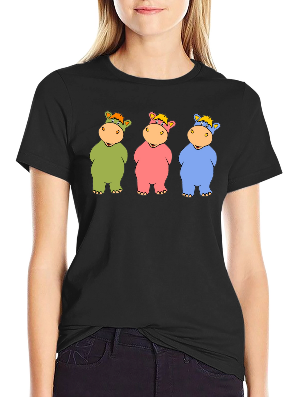 Cartoon Hippo Trio Black T-Shirt