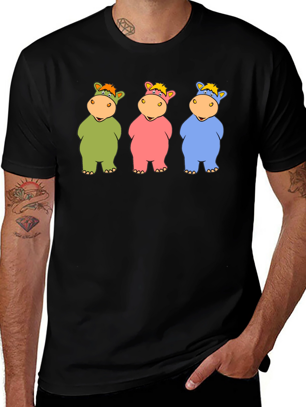 Cartoon Hippo Trio Black T-Shirt