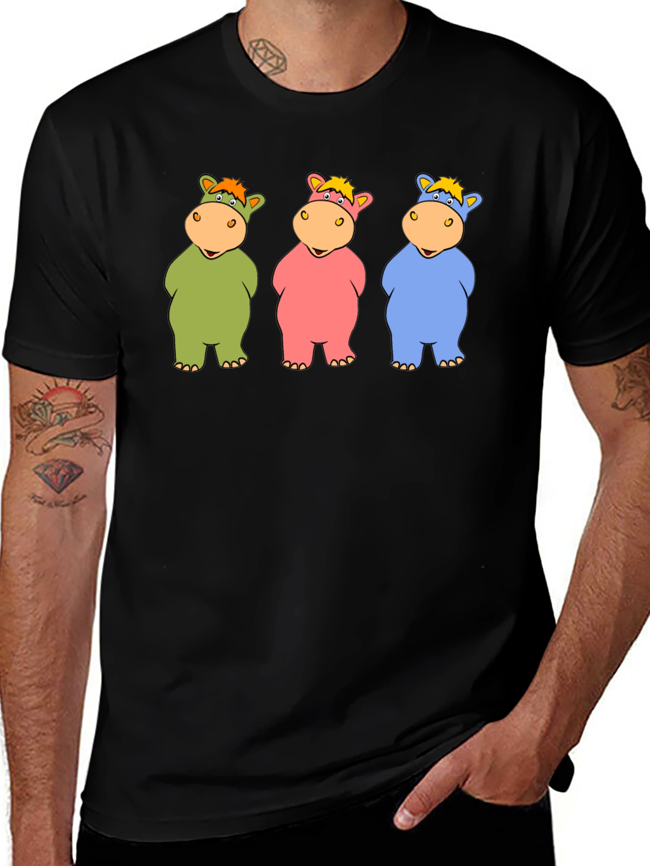 Cartoon Hippo Trio Black T-Shirt
