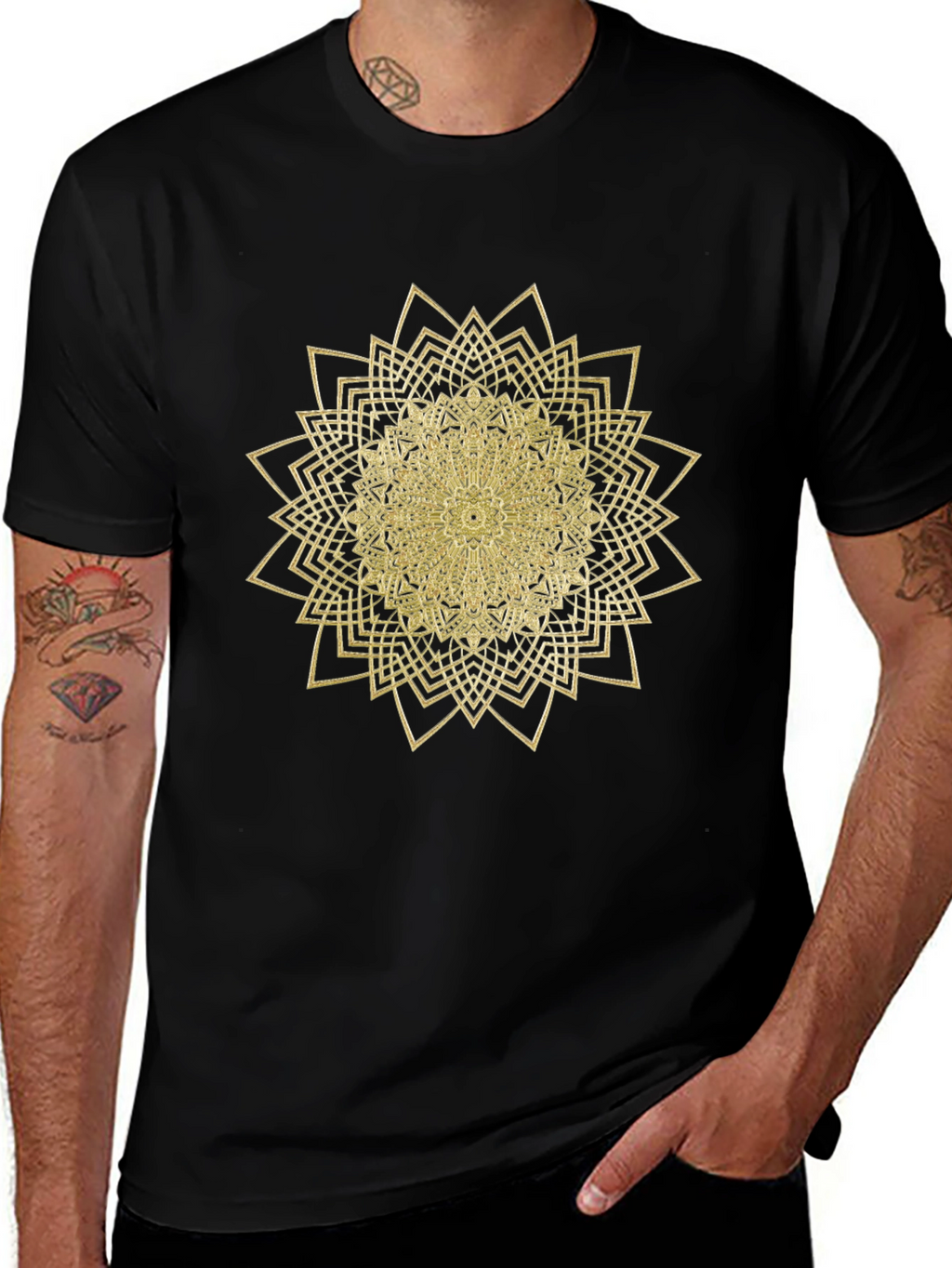 Mens Black T-Shirt with Gold Mandala Design