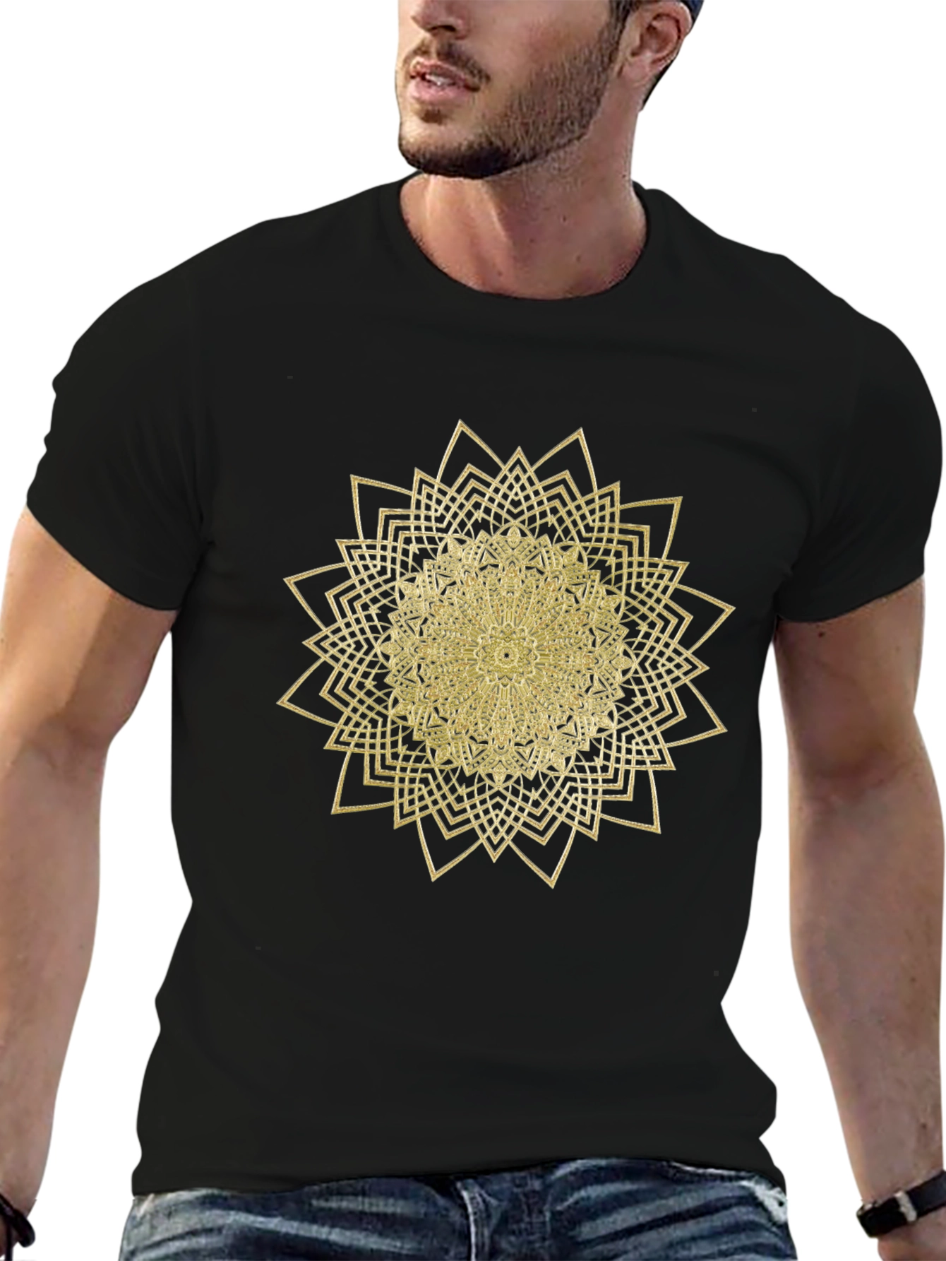 Mens Black T-Shirt with Gold Mandala Design