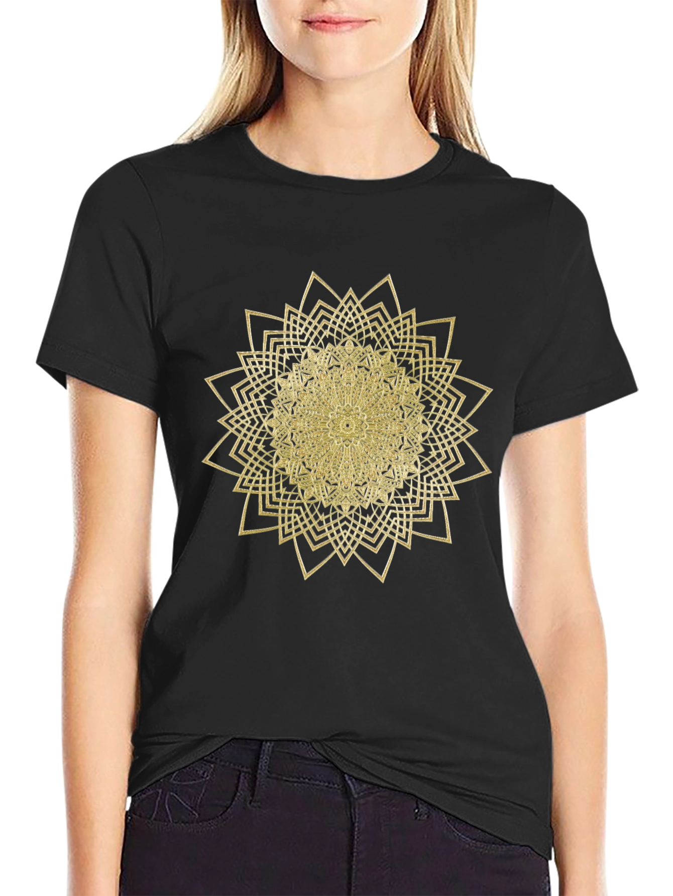 Mens Black T-Shirt with Gold Mandala Design