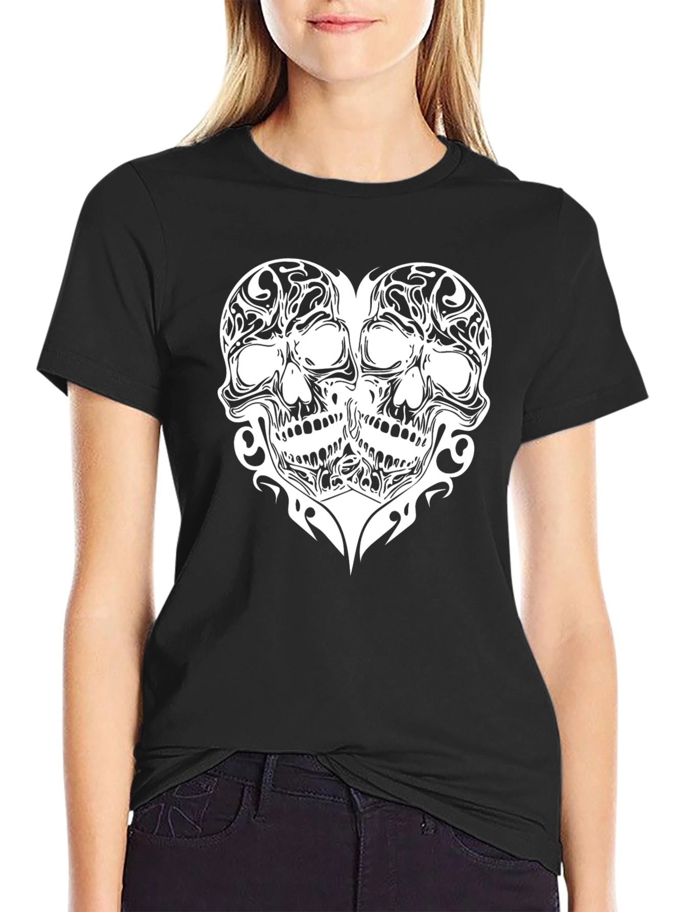 Skull Heart Graphic Print Black T-Shirt