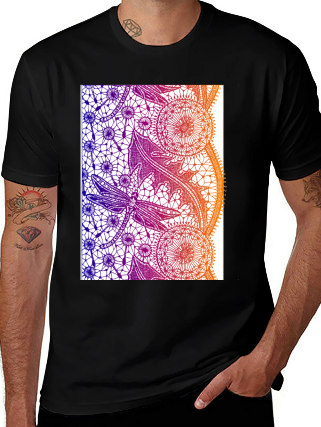 Lace Dragonfly Graphic Tee - Black Cotton Casual T-Shirt