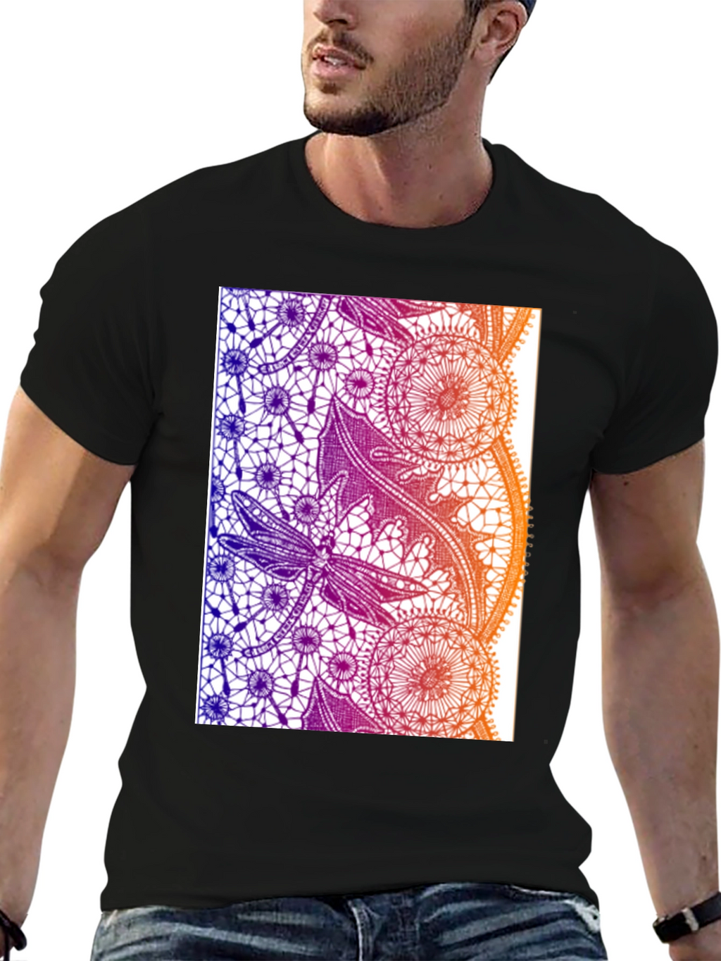 Lace Dragonfly Graphic Tee - Black Cotton Casual T-Shirt
