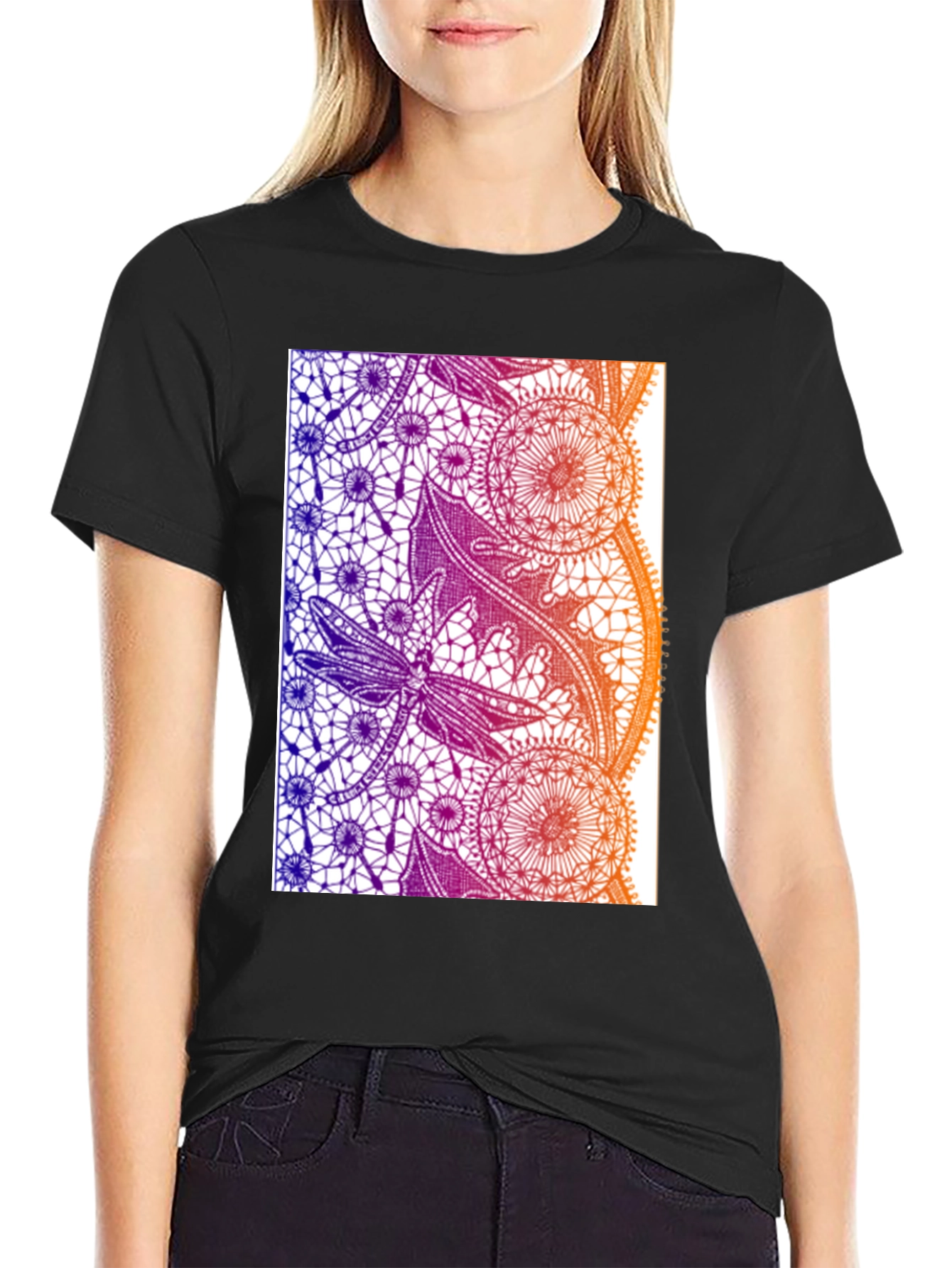 Lace Dragonfly Graphic Tee - Black Cotton Casual T-Shirt