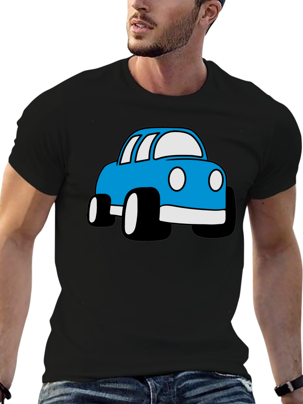 Blue Cartoon Car Graphic Black T-Shirt