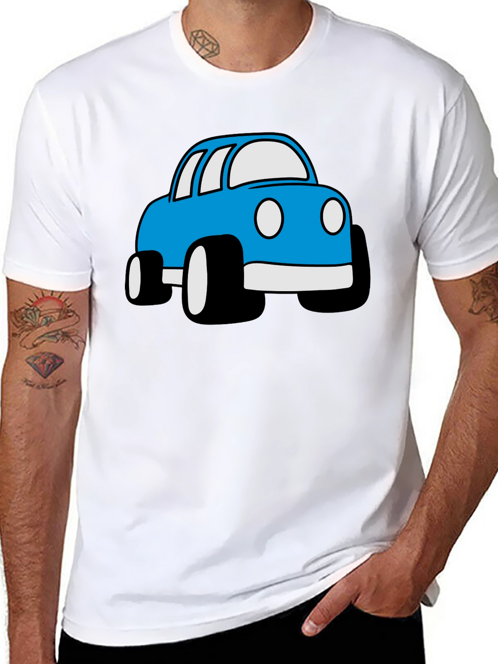 Blue Cartoon Car Graphic Black T-Shirt