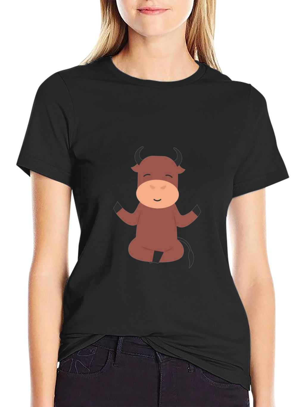 Meditating Cartoon Bull Black T-Shirt