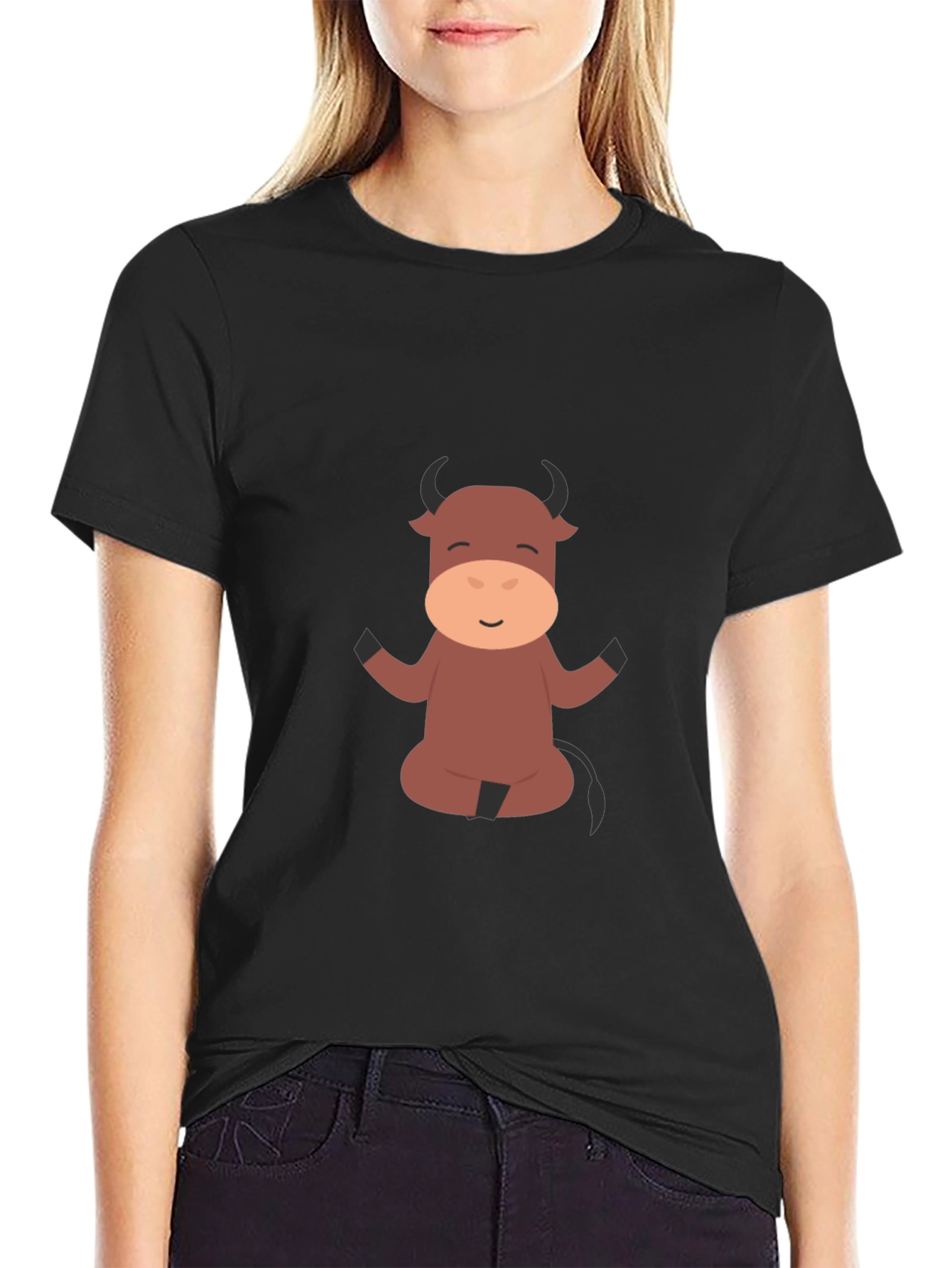 Meditating Cartoon Bull Black T-Shirt