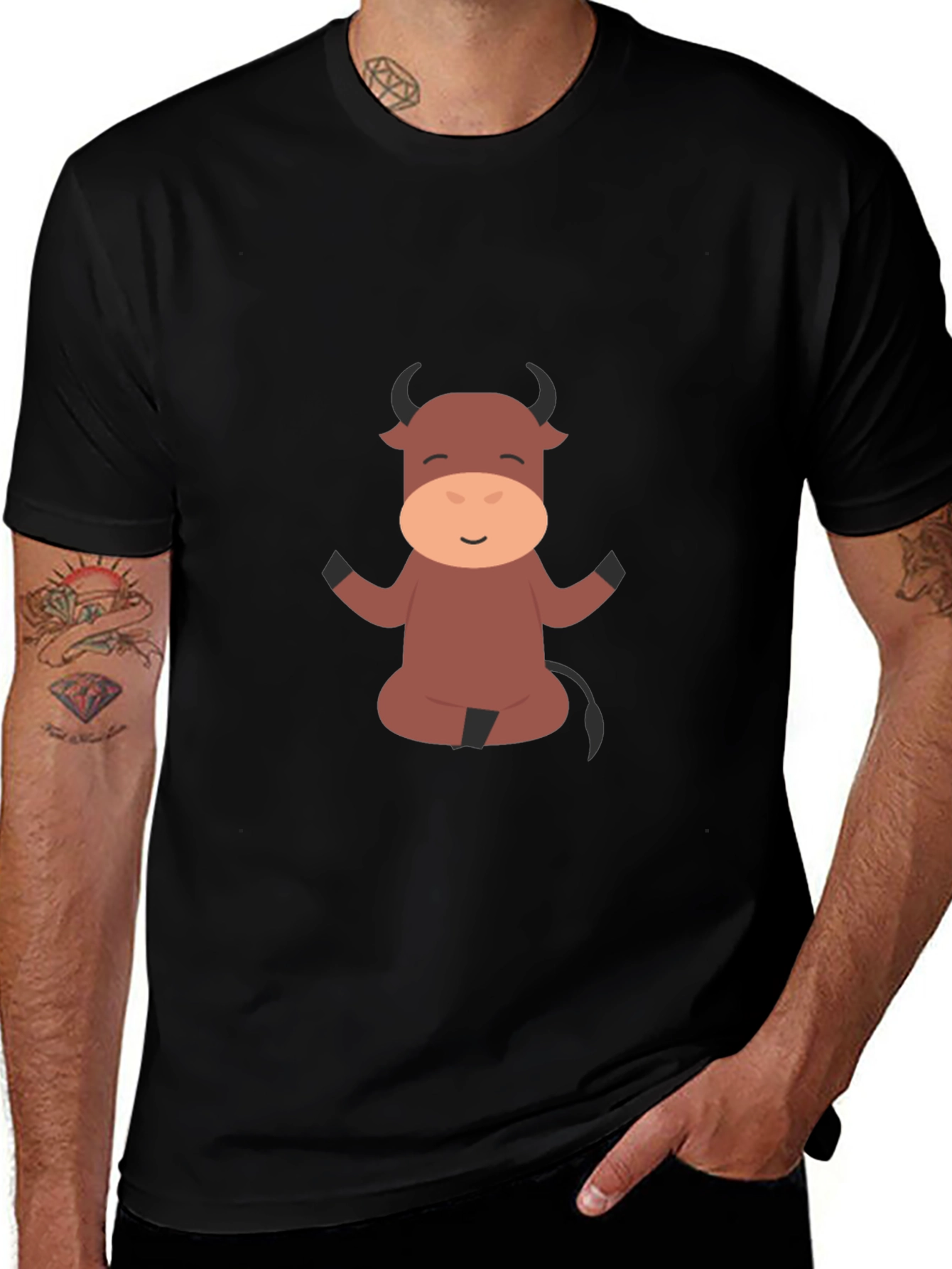 Meditating Cartoon Bull Black T-Shirt