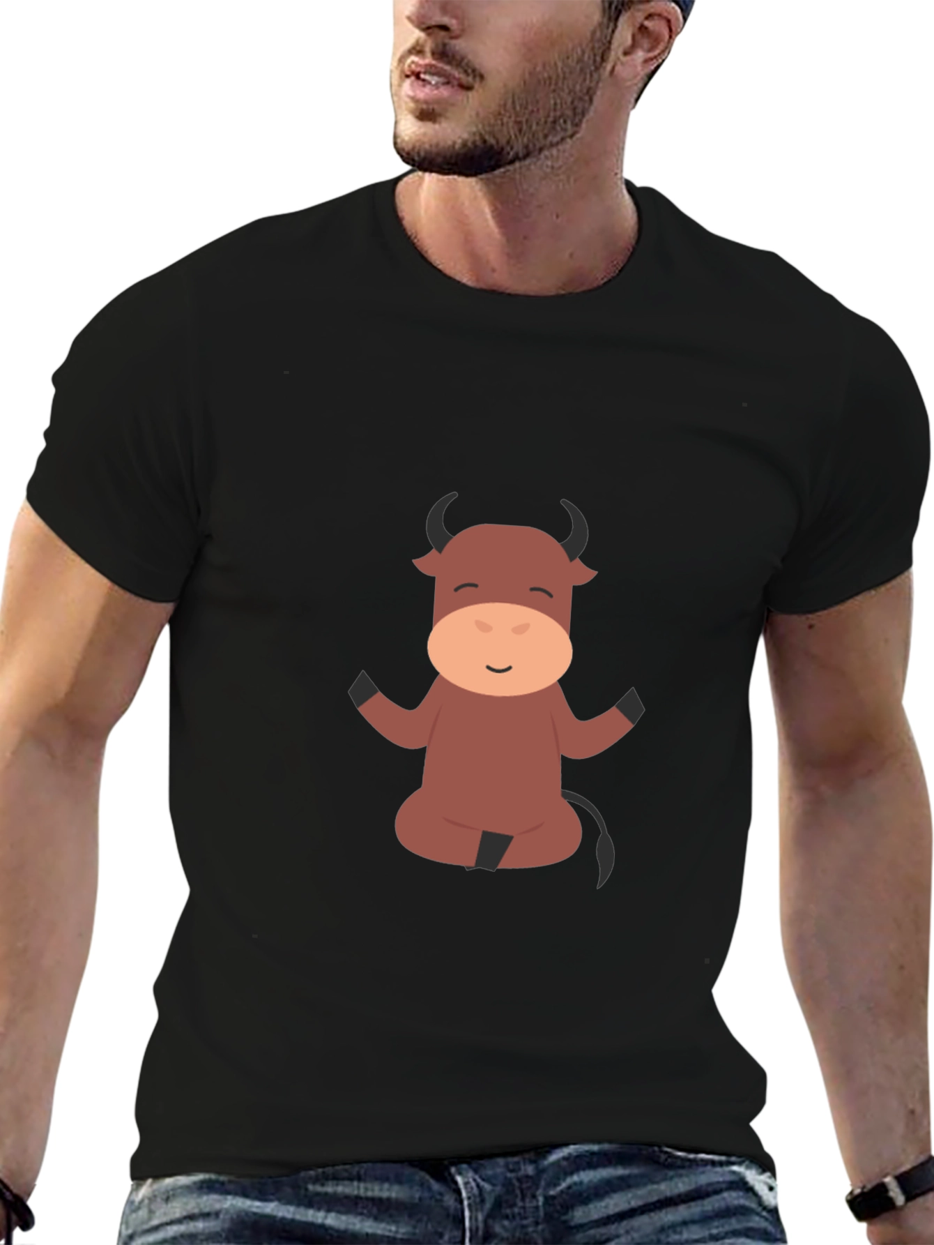 Meditating Cartoon Bull Black T-Shirt