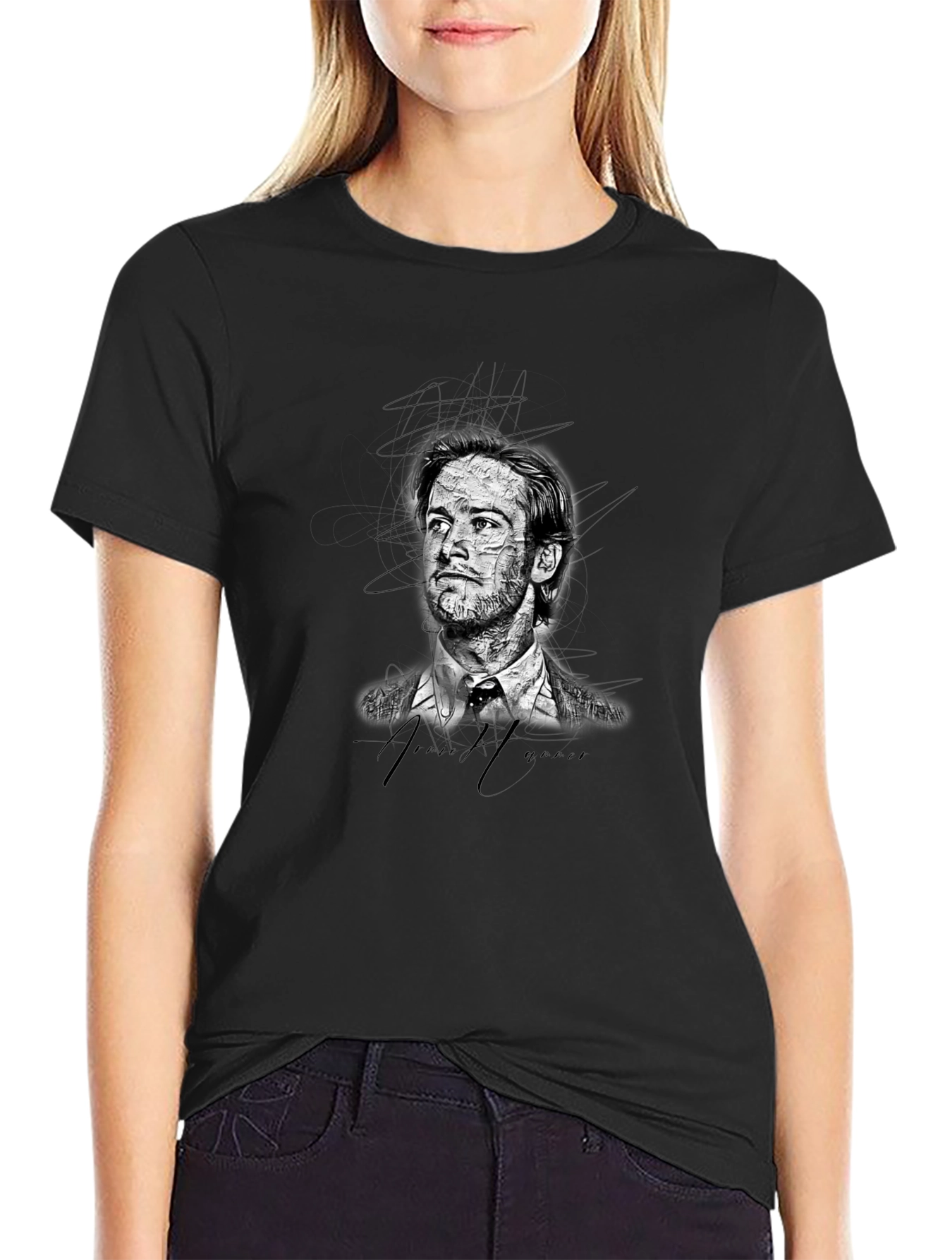 Mens Black Graphic T-Shirt - Sketch Portrait Design